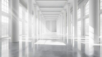 Obraz premium Minimalist architectural interior featuring bright white concrete columns and polished floor in an empty industrial space, with natural light streaming through windows. 