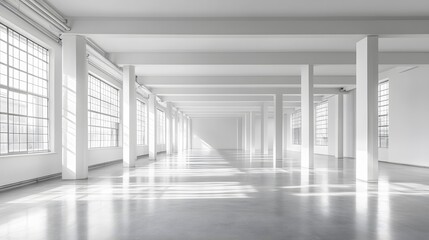Fototapeta premium Minimalist architectural interior featuring bright white concrete columns and polished floor in an empty industrial space, with natural light streaming through windows. 