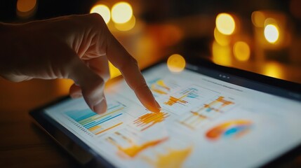 A hand interacts with a tablet displaying data charts and graphs.