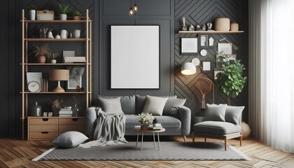a black framed blank canvas poster mockup in white background