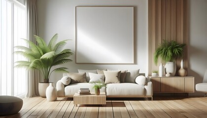 a wooden framed blank canvas poster mockup in white background