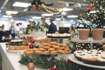  A delicious spread of Christmas treats at an office holiday party. Gingerbread cookies, cupcakes, and other festive desserts adorn a white table, alongside hot cocoa and Christmas decorations. 