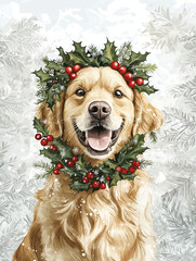 An illustration of a smiling Golden Retriever wearing a wreath of holly and mistletoe, set against a white background with soft colors, perfect for holiday and pet-themed designs.