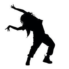 A woman is dancing in the air. She is wearing a hat and has long hair. She is wearing black pants and a black shirt