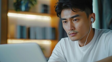 Man using a laptop for a video call while wearing earphones at a desk. He is engaged in a webinar or virtual meeting, discussing or explaining with colleagues online