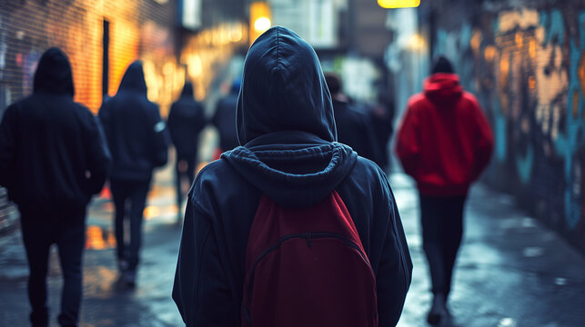 A group of young people or teens wearing hoodies in an urban area, there is a sense of menace, gang crime, wide landscape ratio 16:9