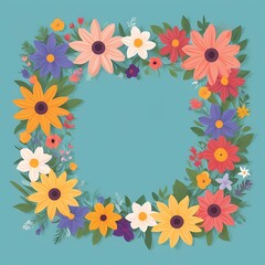 Colorful Floral Frame with Blank Center on a Blue Background