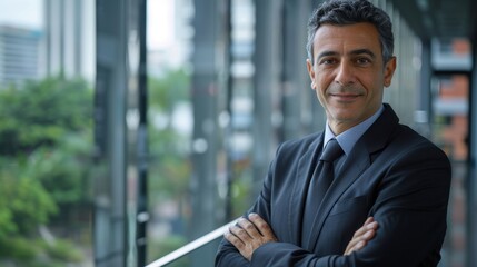 Fototapeta premium Confident businessman in a professional setting with arms crossed, displaying a smile and a positive, mature attitude for a corporate role