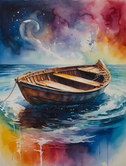 Fototapeta premium A ethereal, shimmering dimensional dinghy emerges from a swirling vortex of colors in a captivating watercolor painting
