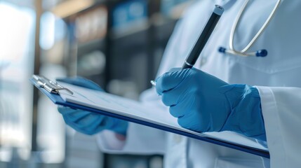 Female researcher documenting vaccine review, preparing tests and healthcare checklist. Science report and lab analysis for research and results in chemistry