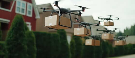 Drones transport packages over residential areas, showcasing advanced delivery technology and innovative logistics solutions.