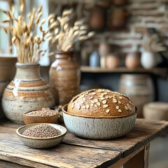 On a wooden table, a rustic loaf of rye bread surrounded by grains and a small bowl of seeds, surrounded by a warm, inviting atmosphere.