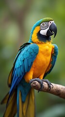 Obraz premium Majestic Golden and Blue Macaw Perched on a Branch Outdoors