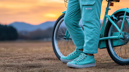Naklejka premium A person stands beside a turquoise bicycle, wearing matching shoes and pants, against a sunset backdrop with mountains in the distance.