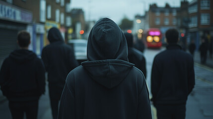 A group of young people or teens wearing hoodies in an urban area, there is a sense of menace, gang crime, wide landscape ratio 16:9