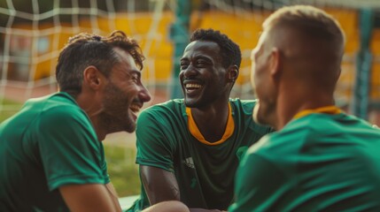 Men in rugby enjoying teamwork and fitness on a bench, sharing laughter and jokes for camaraderie and happiness. A group building bonds during a fun, relaxing moment in sports