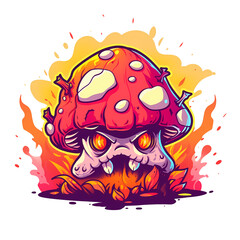 Colorful Cartoon Mushroom with Fiery Expression and Glowing Eyes