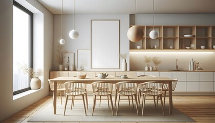 interior with table and  blank canvas on the wall