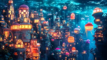 Fototapeta premium Anime-style underwater city illuminated by glowing lights