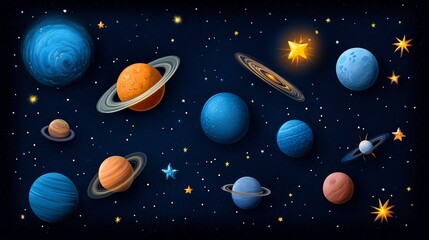 Naklejka premium Colorful Planets Stars Space Galaxy Universe Cosmos Astronomy Celestial Night Sky Fantasy Science