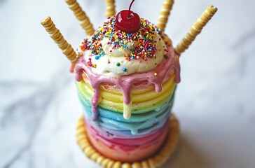Naklejka premium Rainbow Piñata Milkshake Dessert with Wafer Sticks