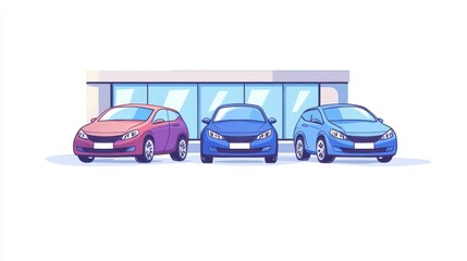 Three colorful cars parked outside a modern car dealership, white isolate background.