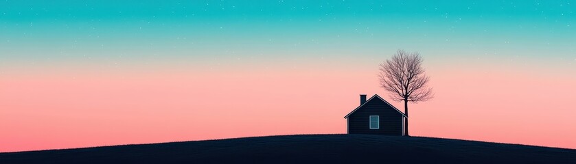 Obraz premium Cozy isolated house under a beautifully colorful sunset sky background, banner
