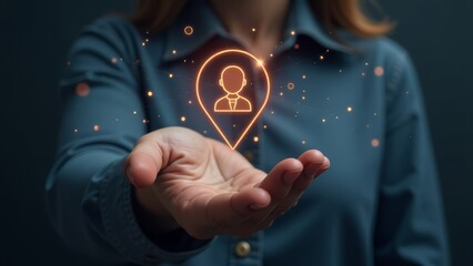 Futuristic holographic interface with human avatar in business setting
