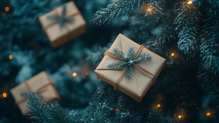 Retro gifts in craft paper under a christmas tree with glowing lights, blurred background, top-down view, minimalistic composition, free space for text on the right, mockup for design
