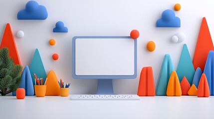 Fototapeta premium Colorful Abstract Desktop Workspace Computer Keyboard Mountains Clouds