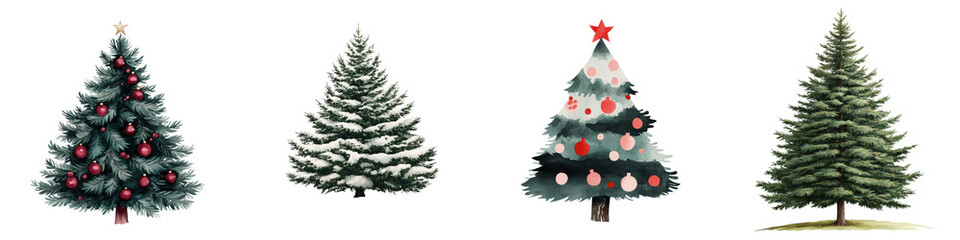 Obraz premium Beautifully Decorated Christmas Trees in Festive Winter Setting Various Types of Illuminated Evergreen Fir or Pine Trees with Ornaments Lights and Snowfall Backdrop for Holiday