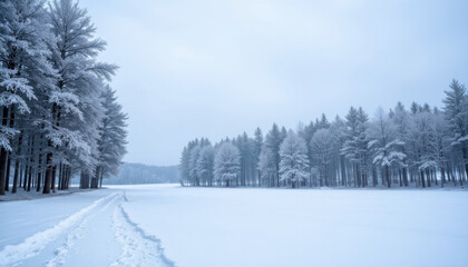 Obraz premium Snowy forest landscape with footprints in a serene winter scene