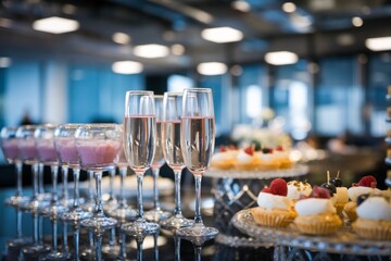 Luxurious office celebration featuring an elegant spread of gourmet cupcakes, pastries, and champagne flutes on a sophisticated buffet table.