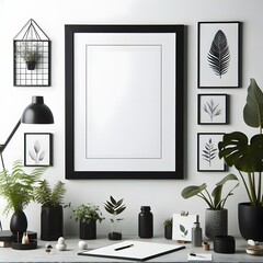 a black framed blank canvas poster mockup in white background
