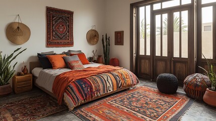 A bohemian bedroom with a large bed, colorful bedding, and a patterned rug.
