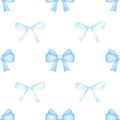 Blue bows. Watercolor seamless pattern on white background. Cute illustration for Christmas, Valentine's Day, Birthday, Easter, Mother's Day