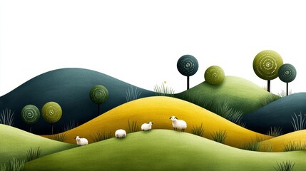 Idyllic Green Hills Sheep Grazing Nature Illustration