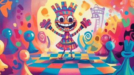 Obraz premium A colorful cartoon character is standing on a checkered floor. The character is smiling and he is happy. The scene is set in a room with a variety of colorful objects