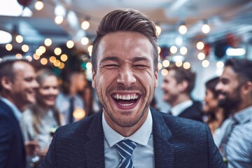 Fototapeta premium A candid capture of a handsome businessman in a smart suit, laughing heartily amongst his colleagues during a corporate party in the office. 