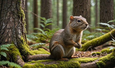 Obraz premium A squirrel sits on a mossy log in a forest, looking to the side