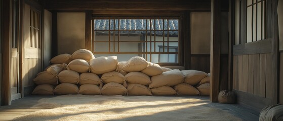 AI generator image of rice in sacks stored in large quantities to cook or sell in times of food shortage,Brown sacks on wooden pallet store in industrial warehouse	