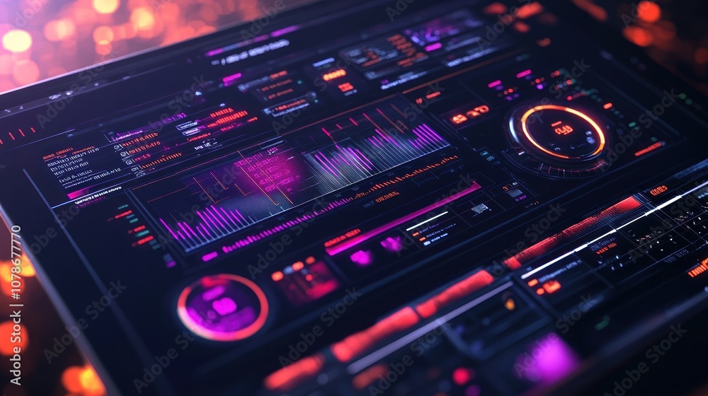 Poster a futuristic interface displaying data visualizations and controls in vibrant colors.