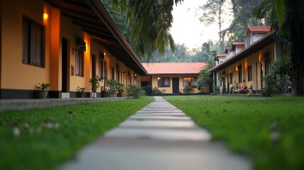 A tranquil pathway leads through neatly arranged cottages in a lush garden at dusk