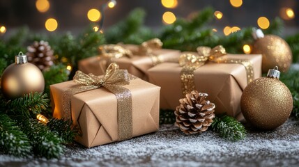 Retro gifts in craft paper surrounded by fairy lights and christmas ornaments, blurred background, side angle, minimalistic composition, free space for text on the right, mockup for design