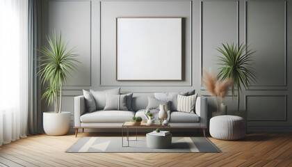 modern living room with a wooden framed blank canvas poster mockup