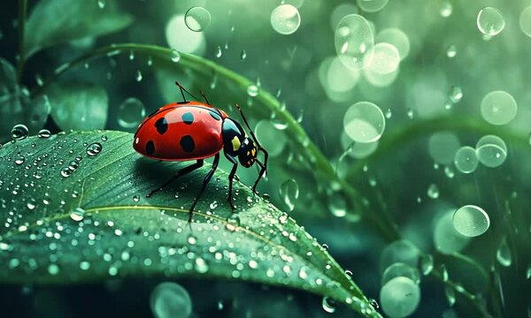 A ladybug on a dew-covered leaf in a lush green forest