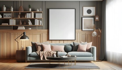 modern living room with a wooden framed blank canvas poster mockup