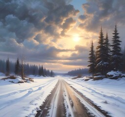 Fototapeta premium Road with winter landscape.