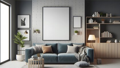 modern living room with a wooden framed blank canvas poster mockup