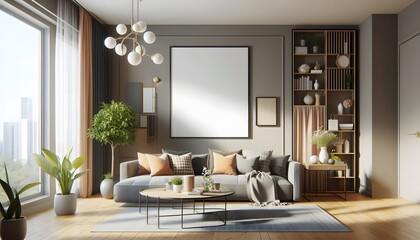 modern living room with a wooden framed blank canvas poster mockup